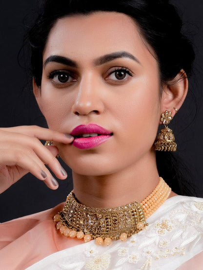 Matte Finish Gold Tone Peach Onyx-Mani Choker Set - Rajwada