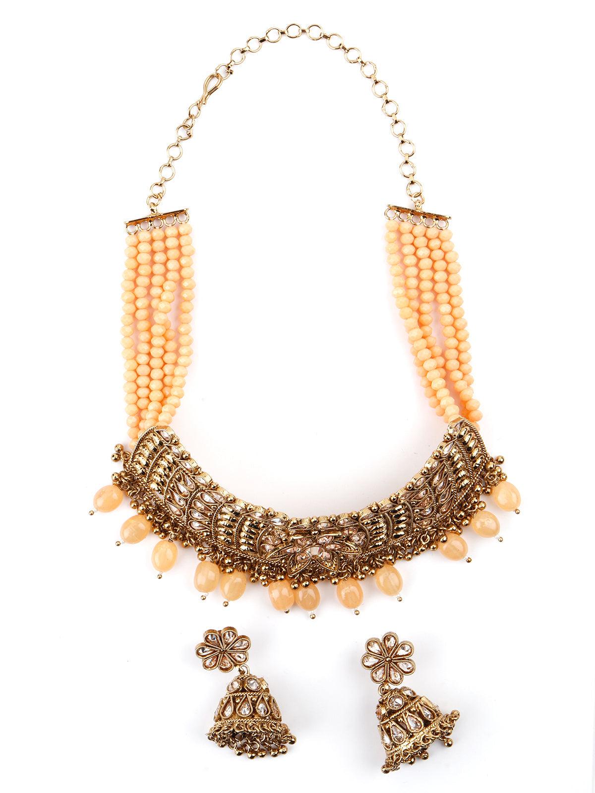 Matte Finish Gold Tone Peach Onyx-Mani Choker Set - Rajwada