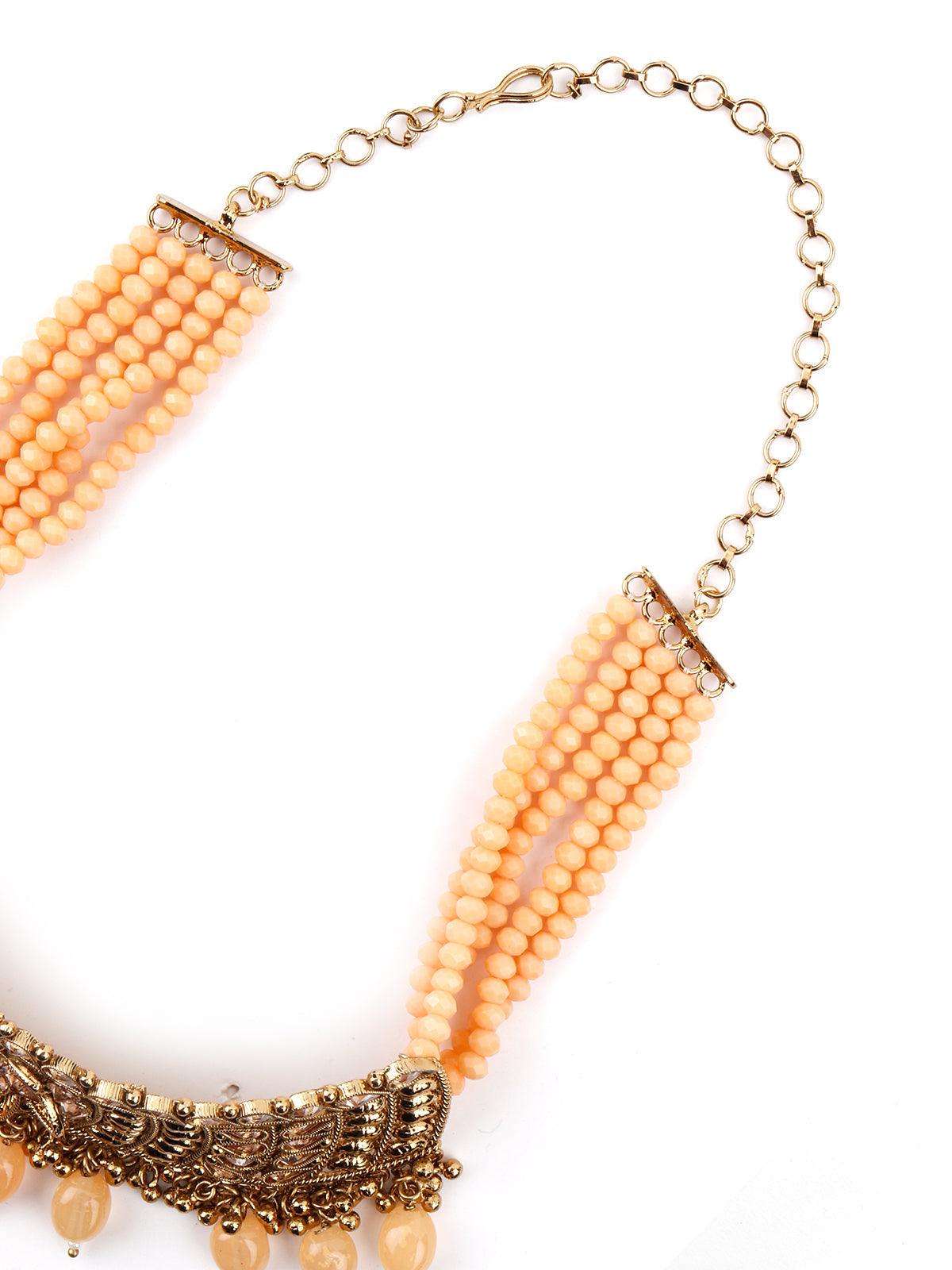 Matte Finish Gold Tone Peach Onyx-Mani Choker Set - Rajwada