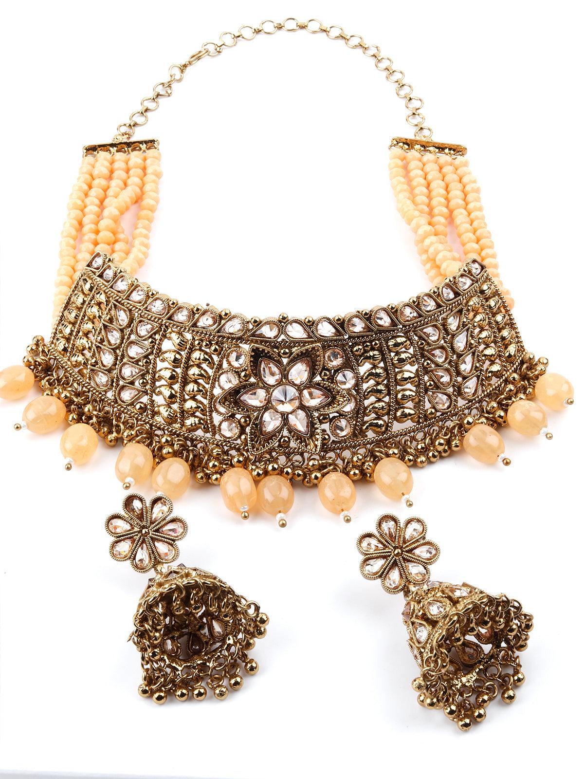 Matte Finish Gold Tone Peach Onyx-Mani Choker Set - Rajwada