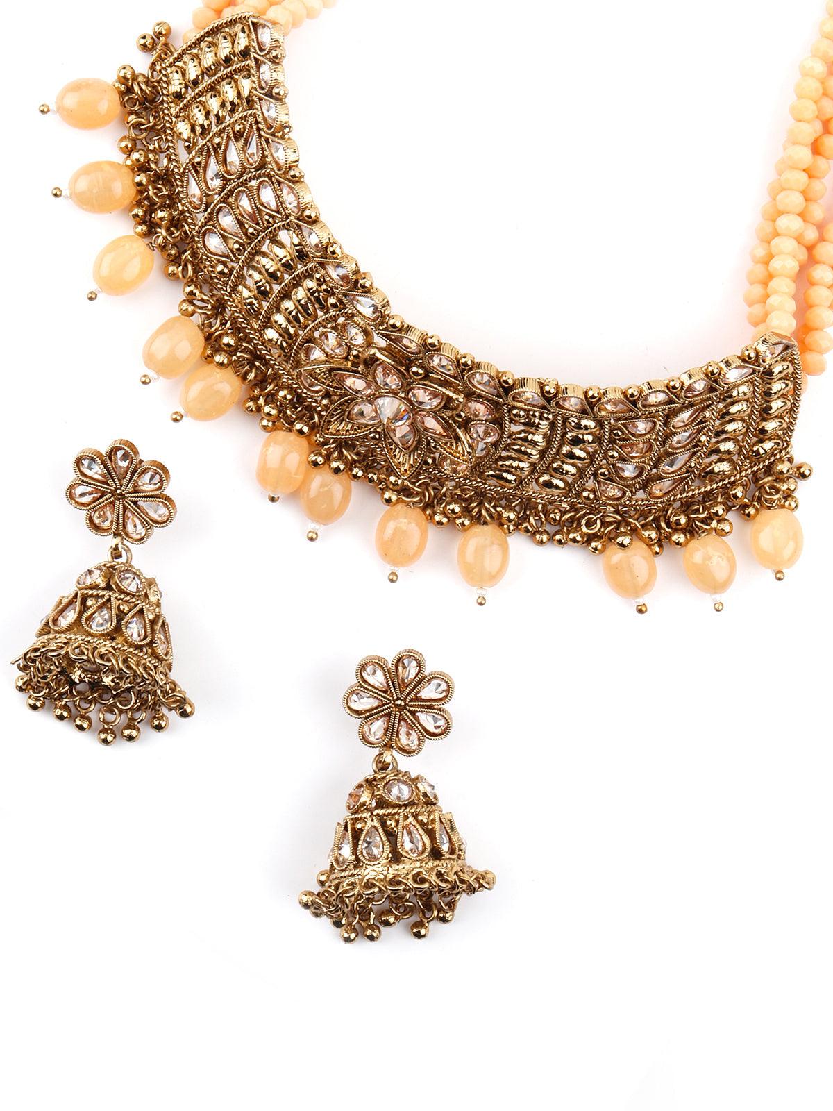 Matte Finish Gold Tone Peach Onyx-Mani Choker Set - Rajwada
