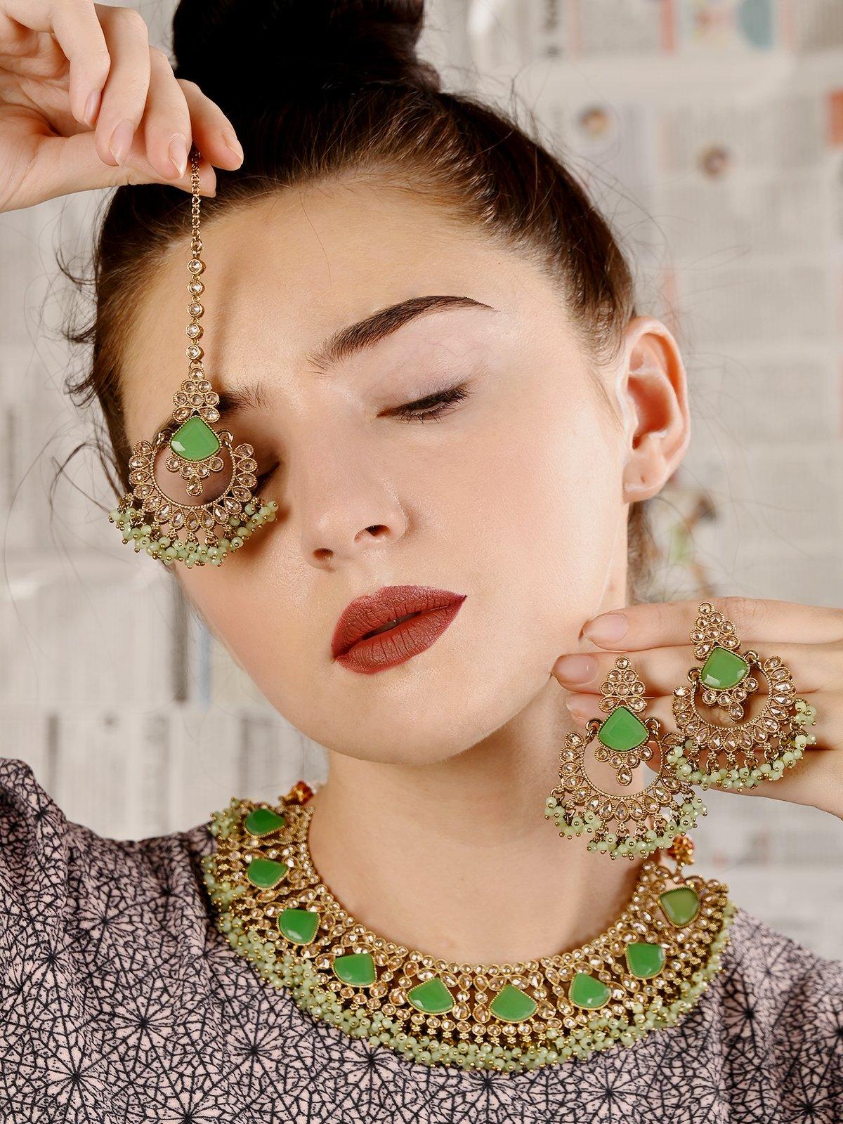 Mint Green Engraved Stone Kundan Choker Set - Rajwada