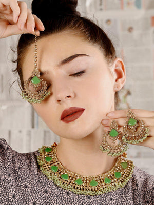 Mint Green Engraved Stone Kundan Choker Set - Rajwada