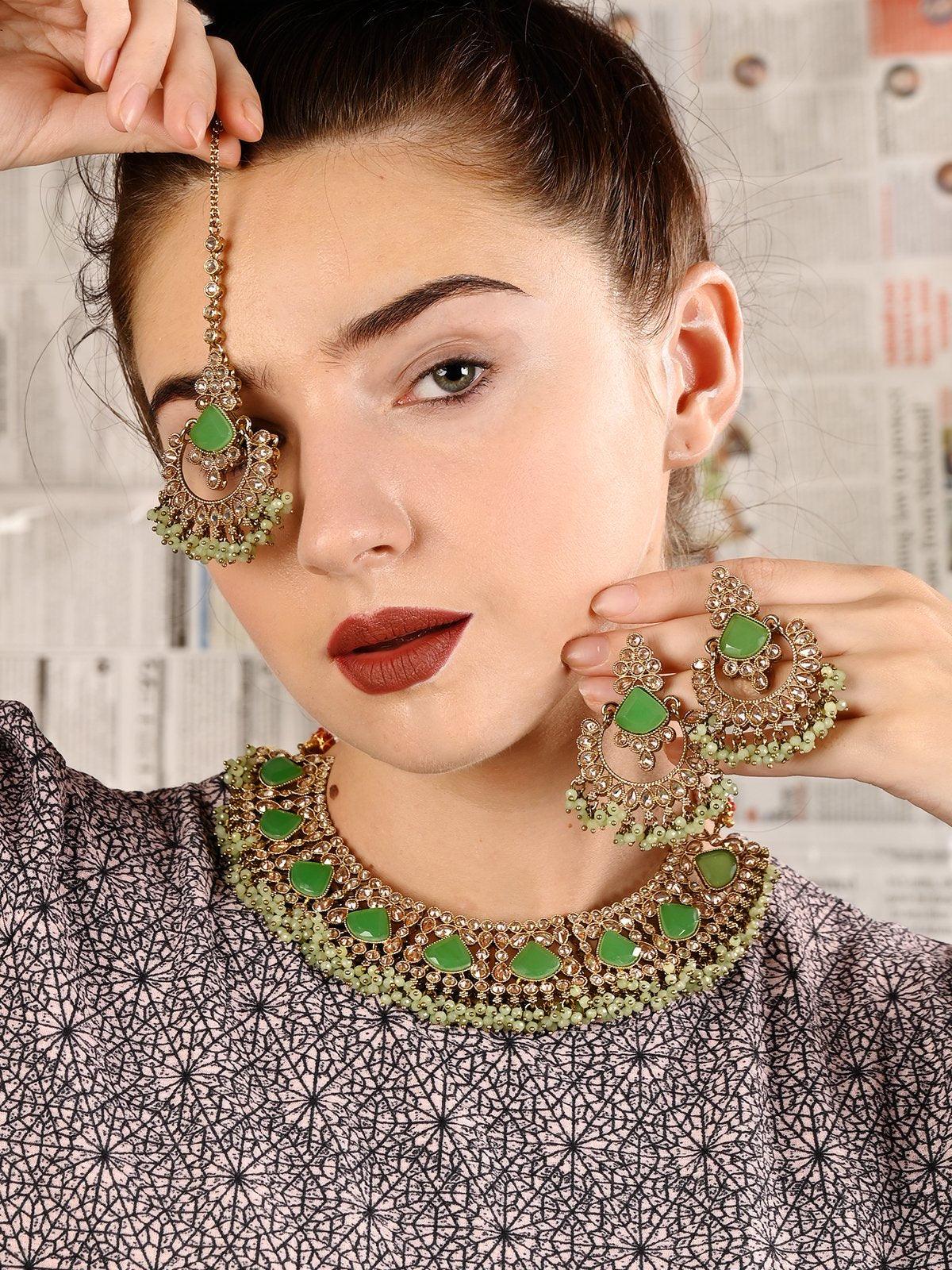 Mint Green Engraved Stone Kundan Choker Set - Rajwada