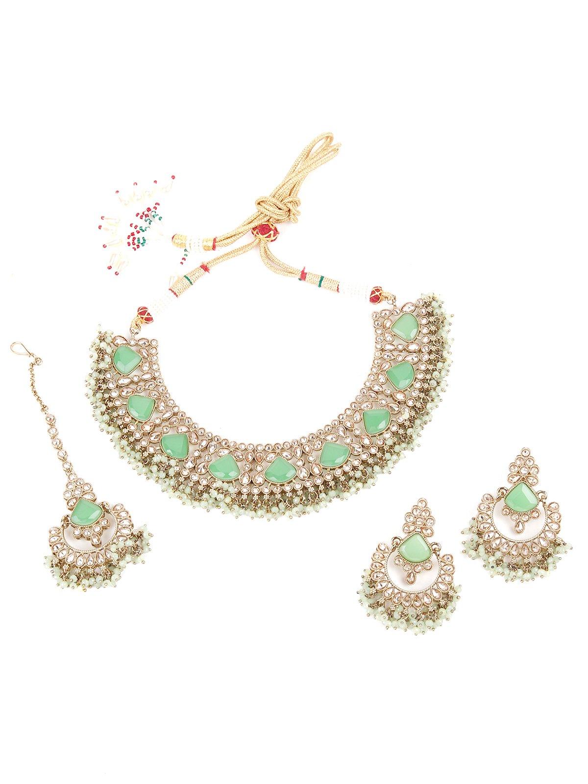 Mint Green Engraved Stone Kundan Choker Set - Rajwada