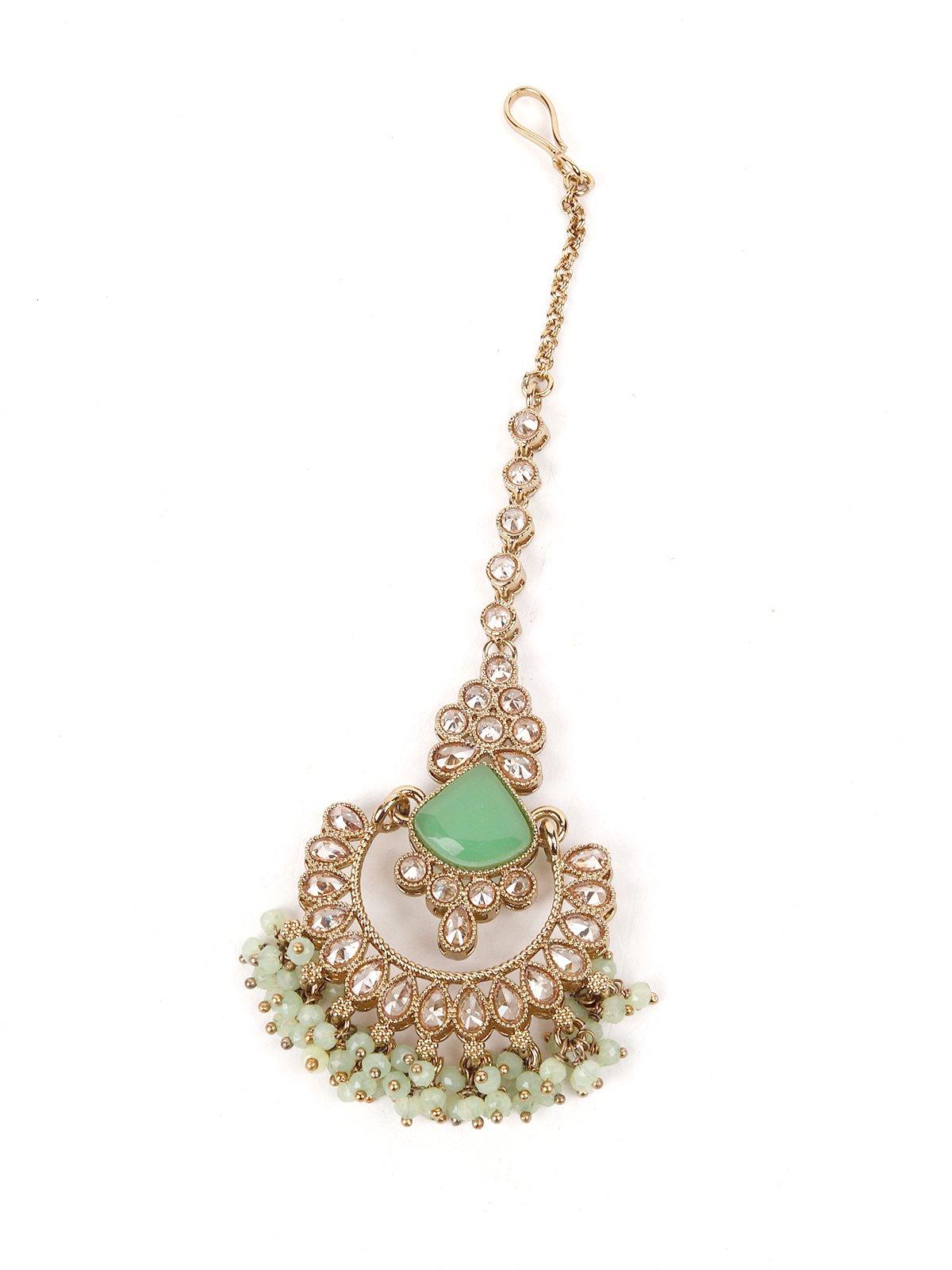 Mint Green Engraved Stone Kundan Choker Set - Rajwada