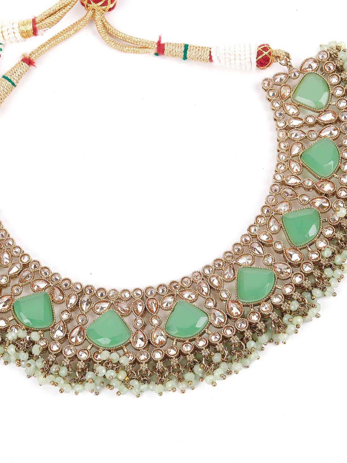 Mint Green Engraved Stone Kundan Choker Set - Rajwada
