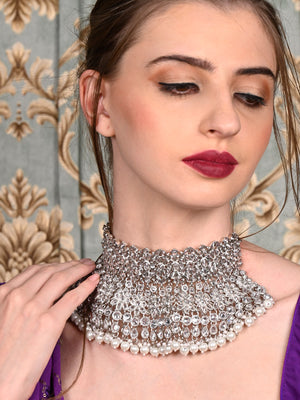 Rajwada Women White Bridal Choker Necklace Set