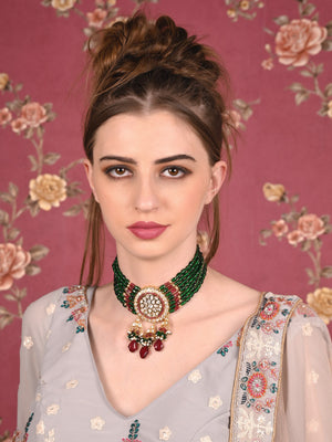 Rajwada Women Green And Purple Beaded Choker Necklace Set