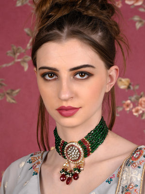 Rajwada Women Green And Purple Beaded Choker Necklace Set