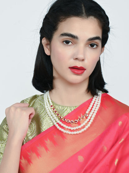 Rajwada White And Pink Alloy Pearl Embellished Neckpiece For Women
