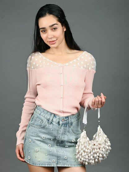 Rajwada White Suede Embellished Hand Bag For Women