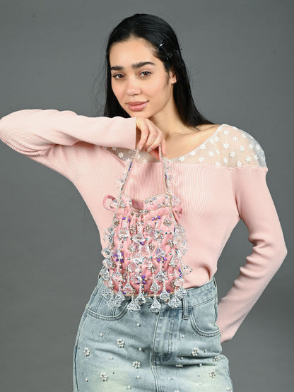 Rajwada Pink Suede Embellished Potli For Women