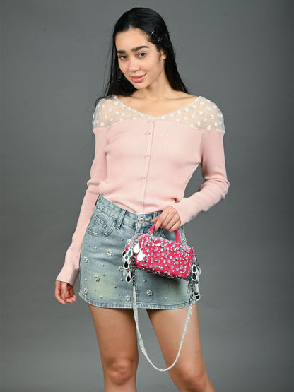 Rajwada Pink Suede Embellished Clutch For Women