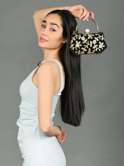 Rajwada Black Suede Embroidered Hand Bag For Women