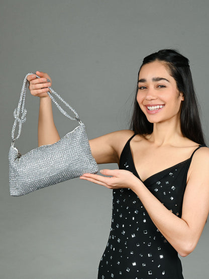 Rajwada Silver Polyester Embellished Clutch For Women