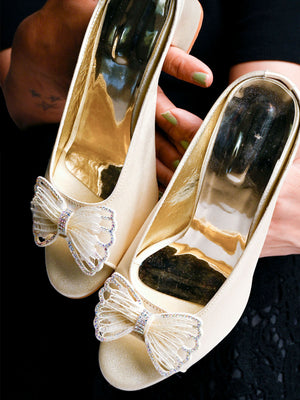 Rajwada Women Beige Shiny Square Heel Mules With A Bow