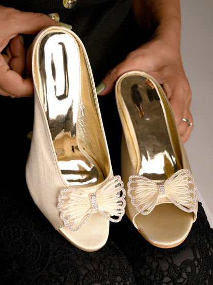Rajwada Women Beige Shiny Square Heel Mules With A Bow