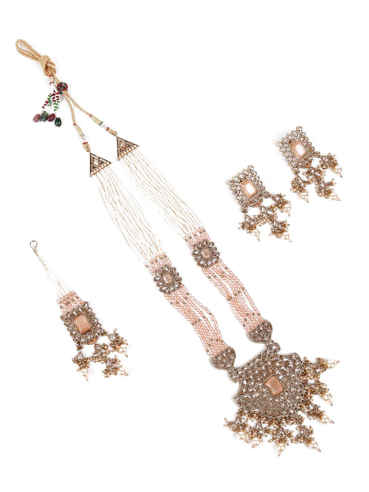 Multi-Layered Peach Beaded Haar Necklace Set - Rajwada