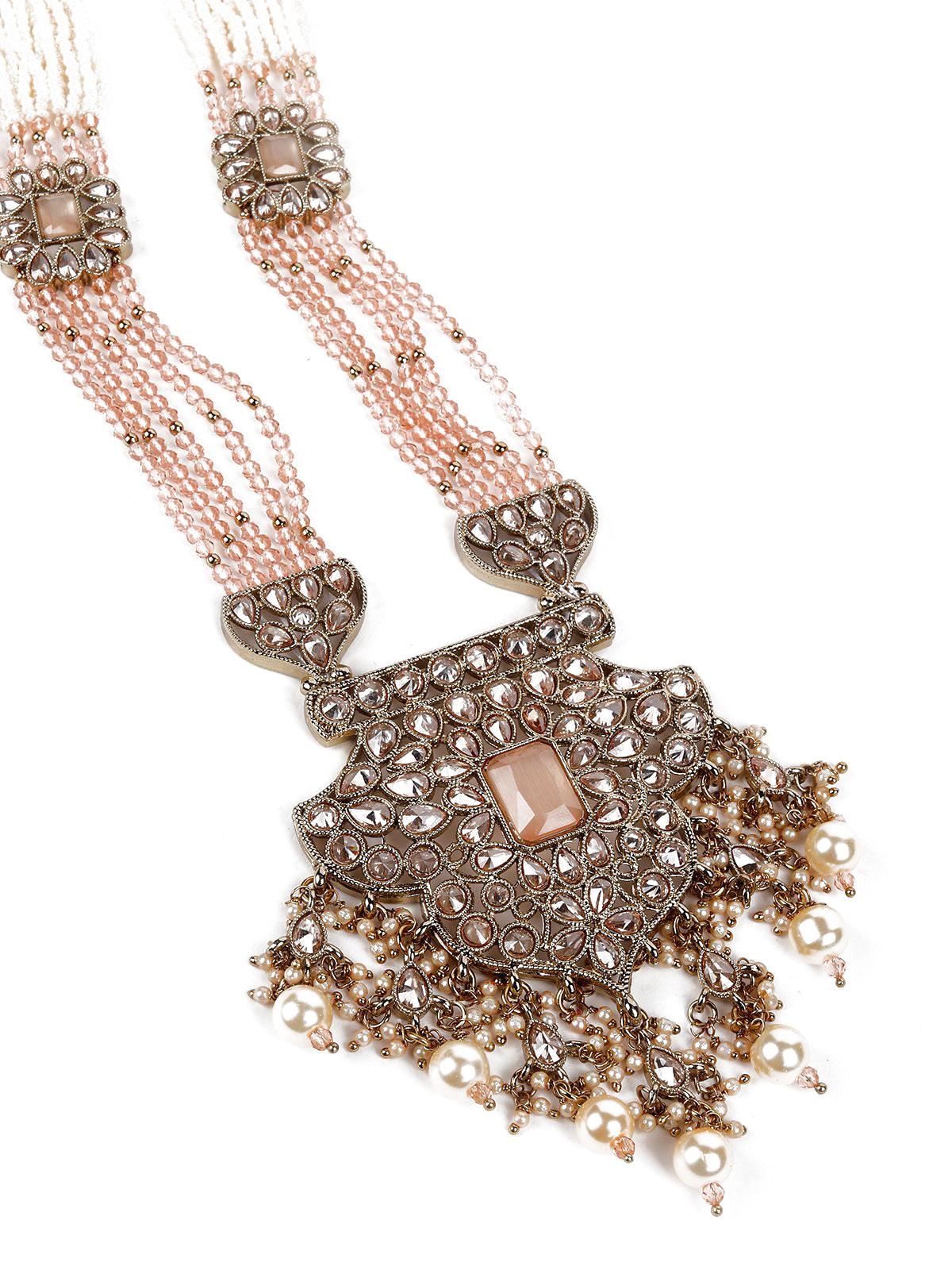 Multi-Layered Peach Beaded Haar Necklace Set - Rajwada