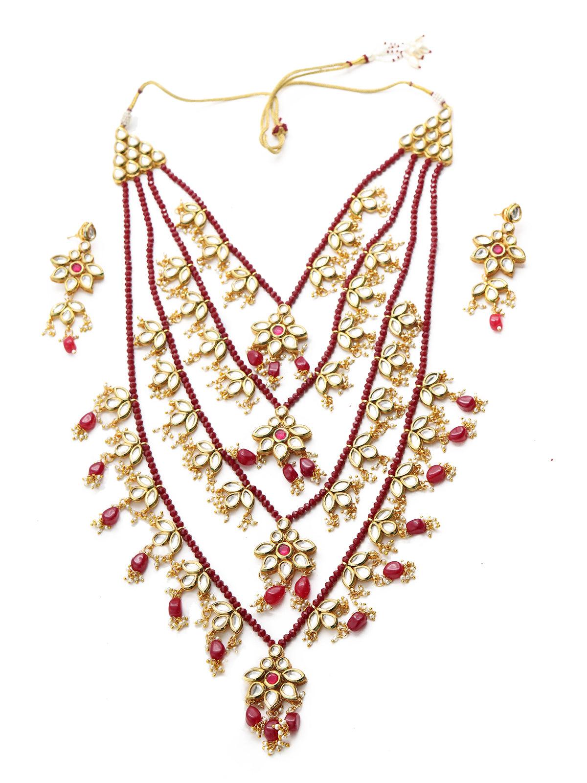 Multi-Strand Authentic Maroon Onyx-Kundan-Mani Necklace Set! - Rajwada