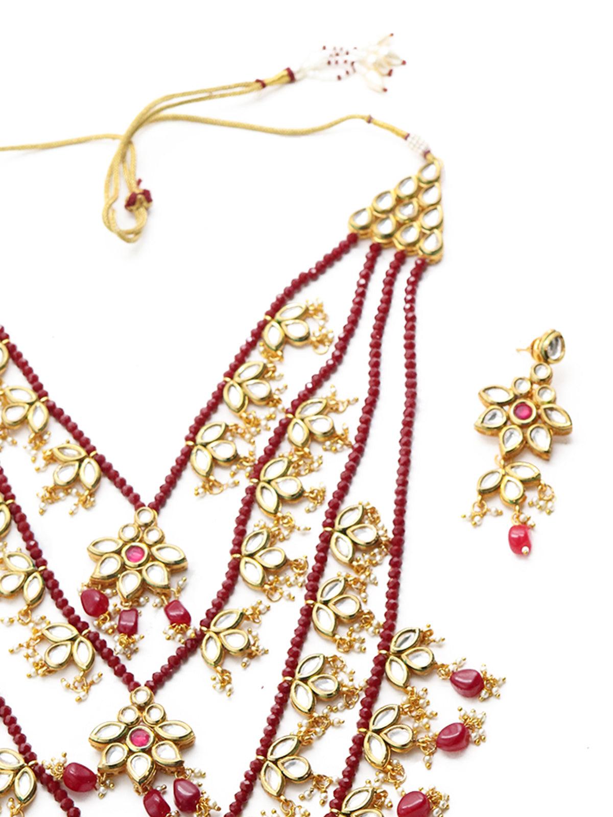 Multi-Strand Authentic Maroon Onyx-Kundan-Mani Necklace Set! - Rajwada