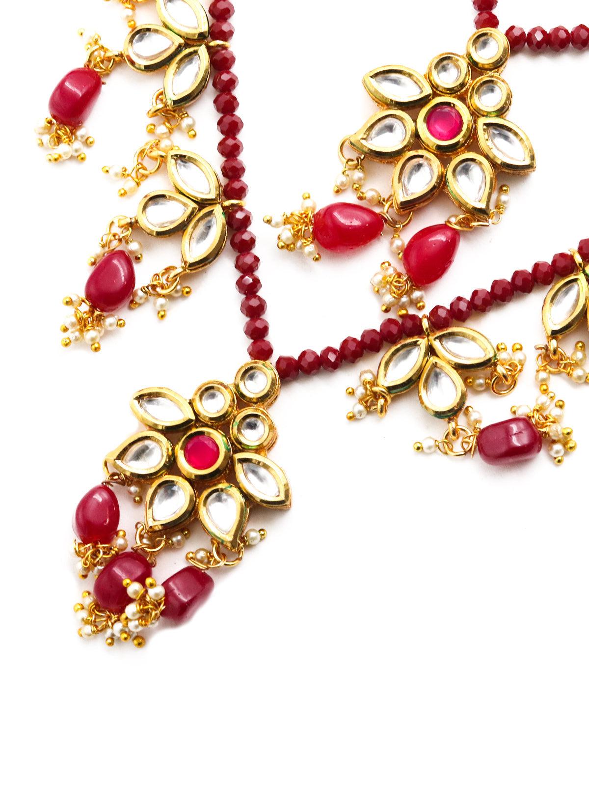 Multi-Strand Authentic Maroon Onyx-Kundan-Mani Necklace Set! - Rajwada