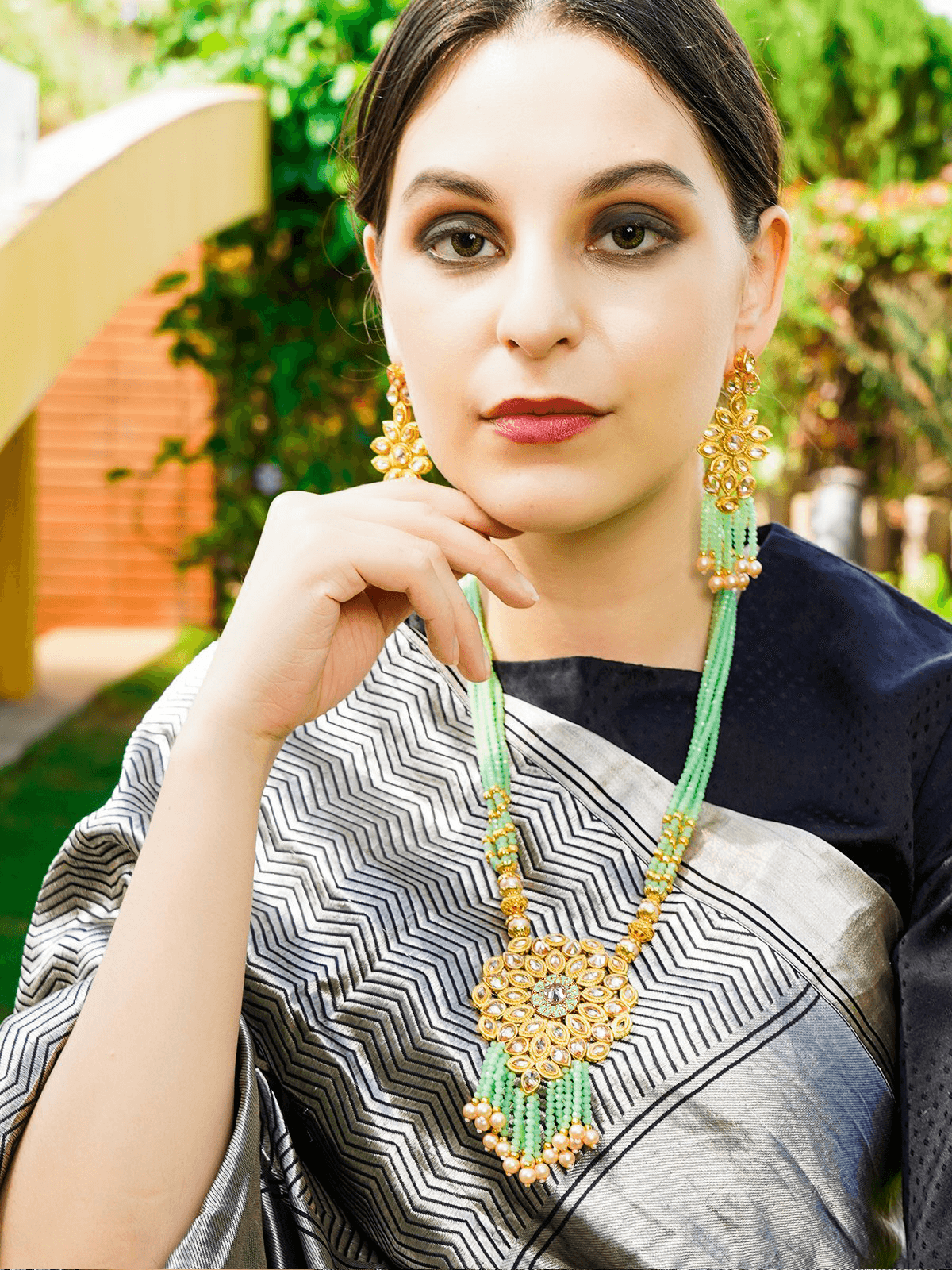 Multi-Strand Light Green Onyx Necklace with Earrings - Rajwada