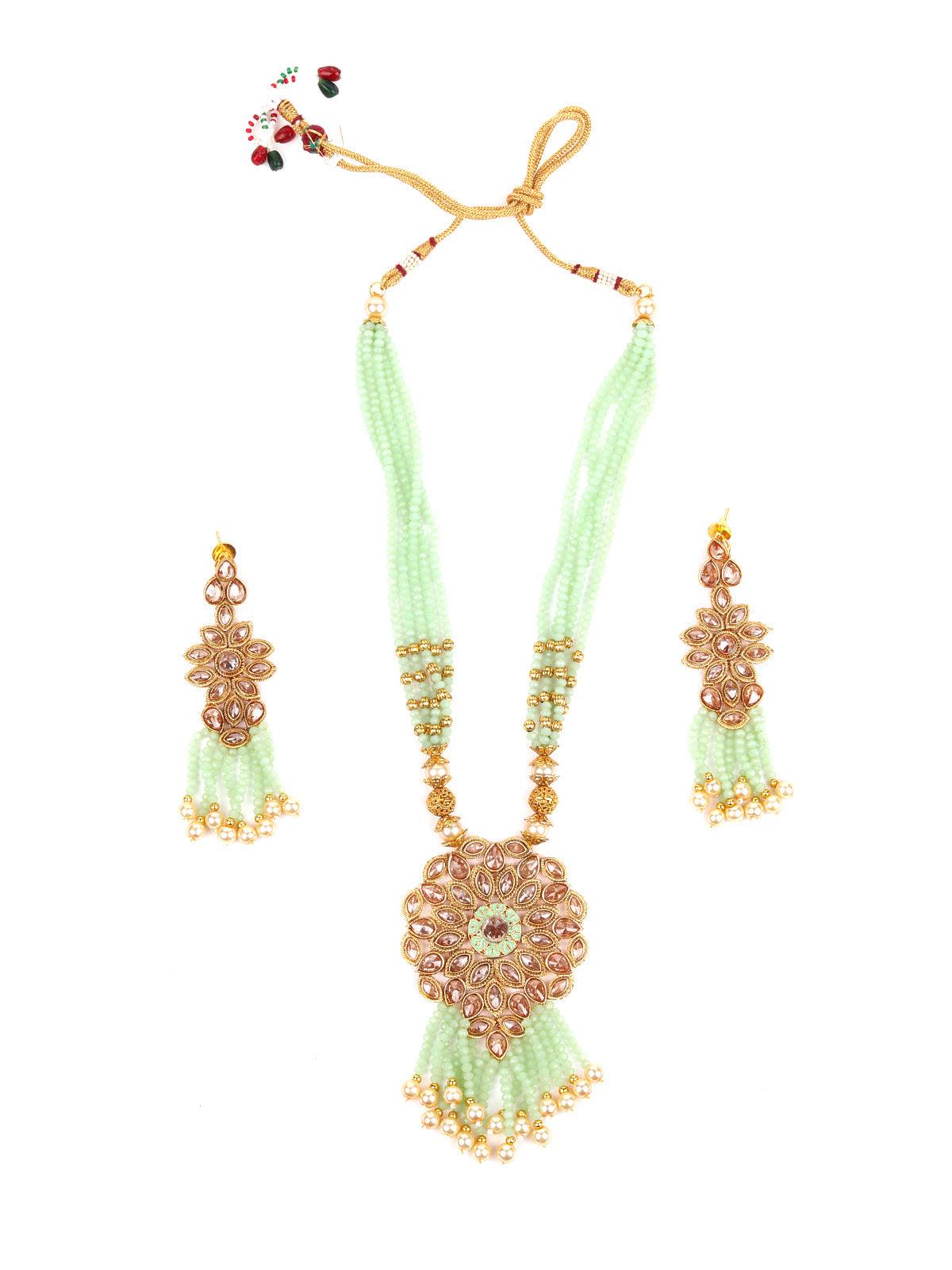 Multi-Strand Light Green Onyx Necklace with Earrings - Rajwada