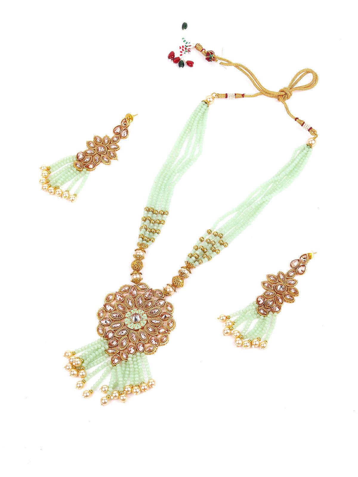 Multi-Strand Light Green Onyx Necklace with Earrings - Rajwada