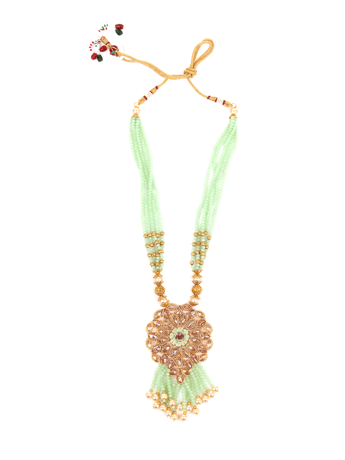 Multi-Strand Light Green Onyx Necklace with Earrings - Rajwada