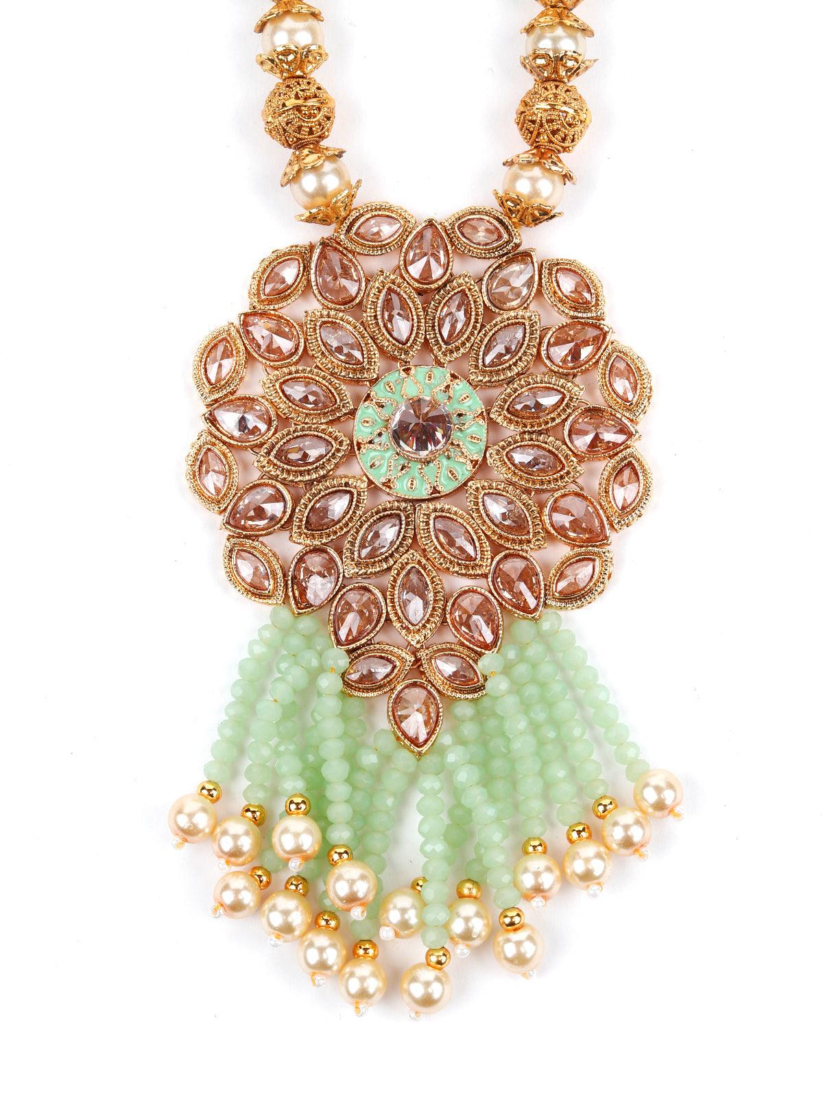 Multi-Strand Light Green Onyx Necklace with Earrings - Rajwada