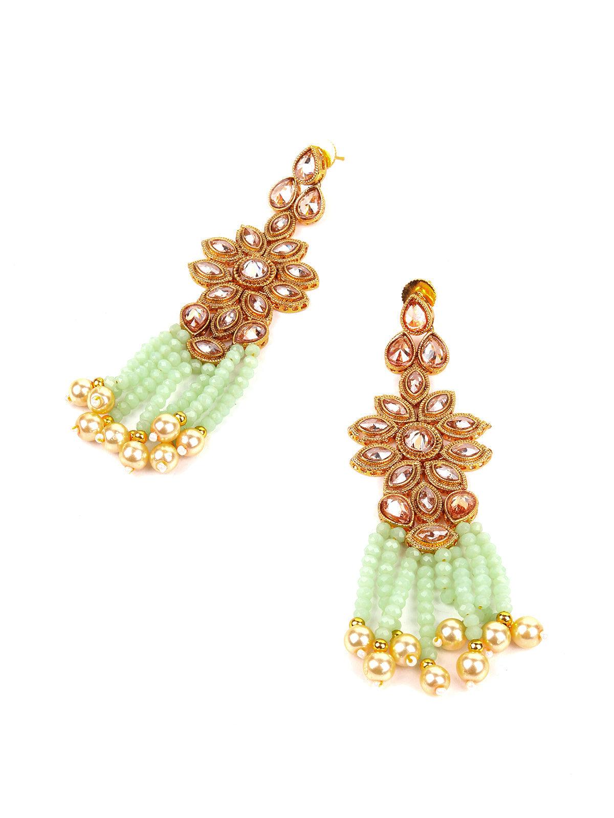 Multi-Strand Light Green Onyx Necklace with Earrings - Rajwada