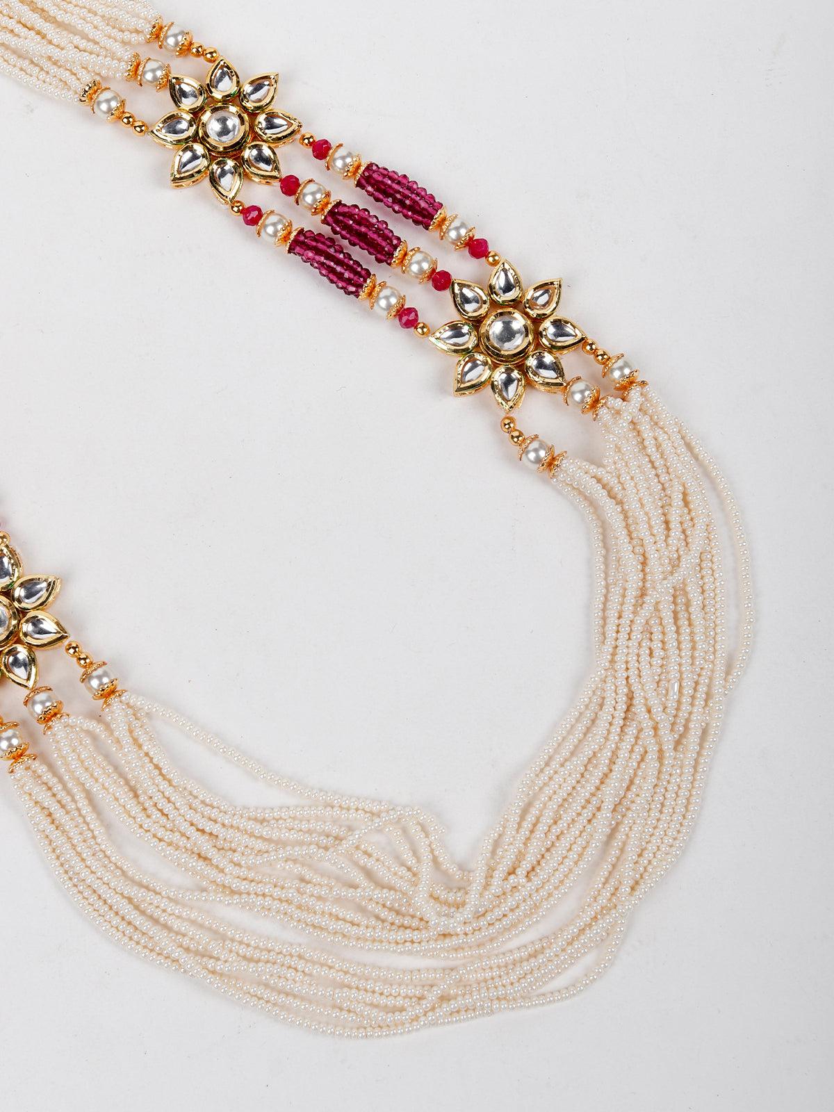 Multi String White Beaded With Kundan Work Necklace Set - Rajwada