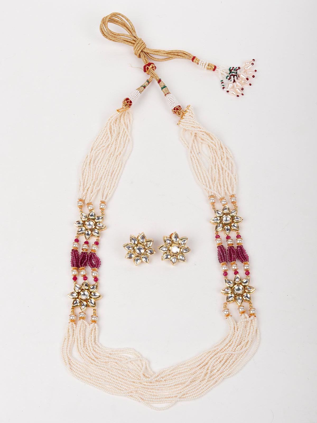 Multi String White Beaded With Kundan Work Necklace Set - Rajwada