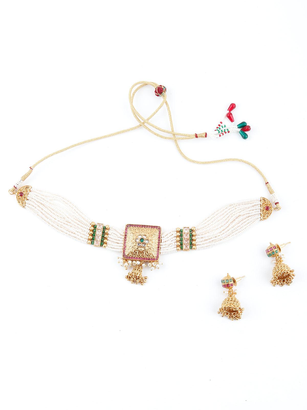 Multi String White Pearl And Gold Choker Necklace Set - Rajwada