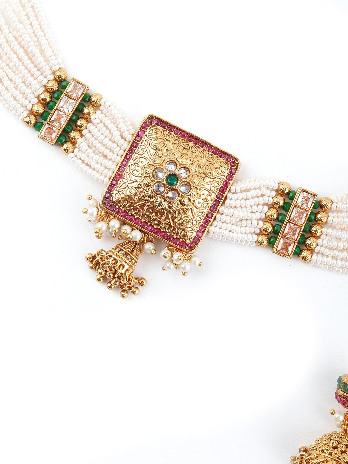 Multi String White Pearl And Gold Choker Necklace Set - Rajwada