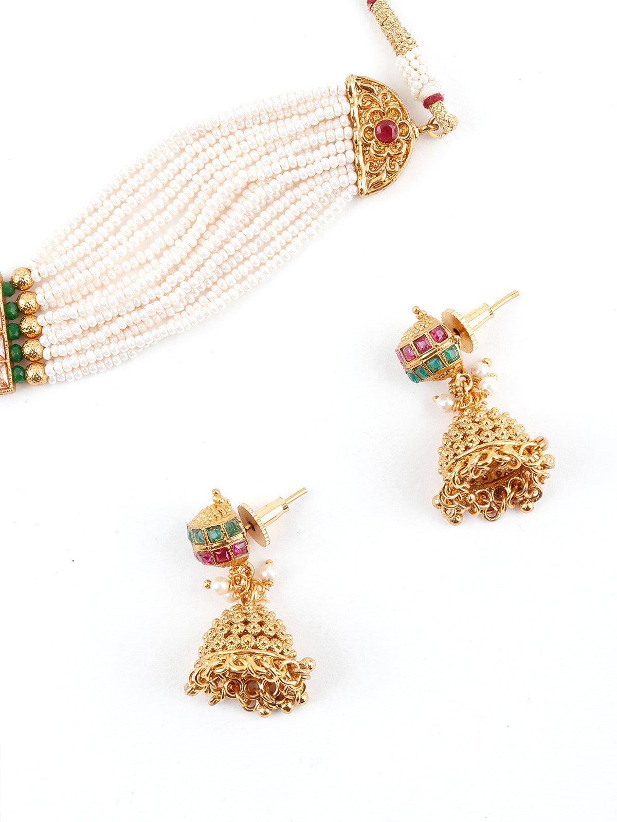 Multi String White Pearl And Gold Choker Necklace Set - Rajwada