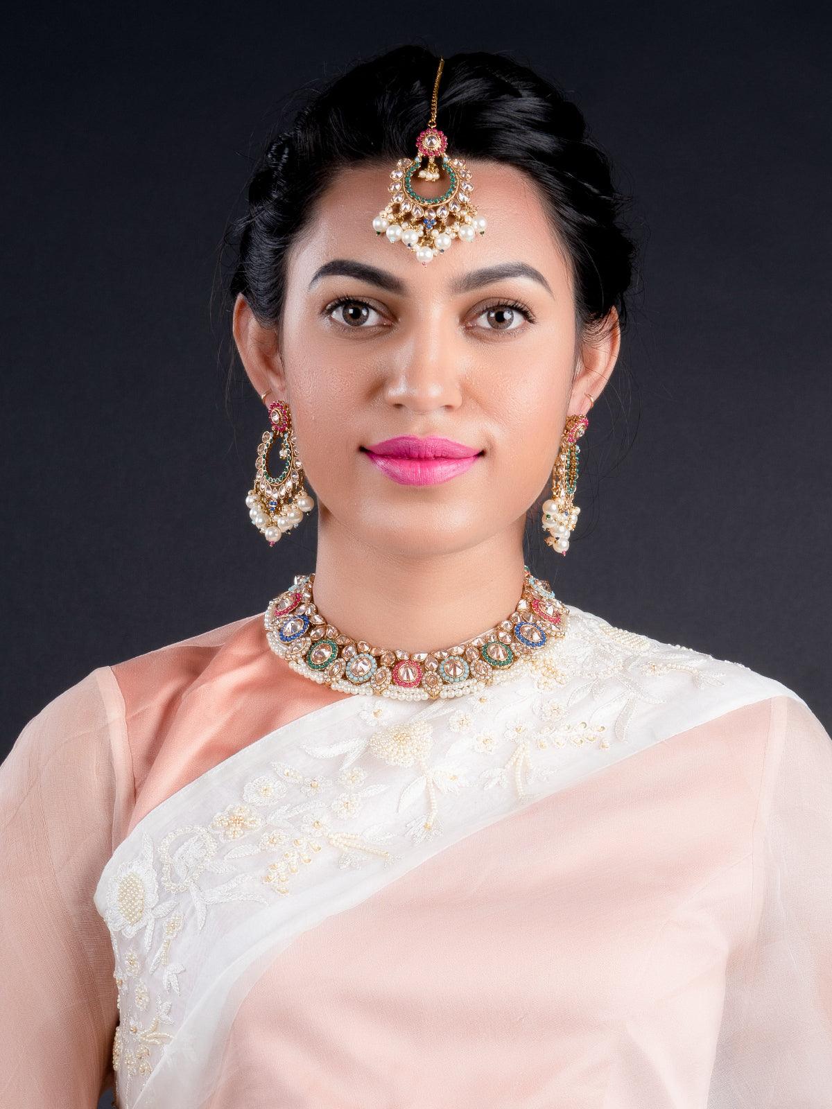 Multicolor Traditional Rhine Stone Necklace Set - Rajwada