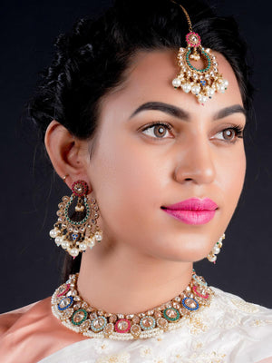 Multicolor Traditional Rhine Stone Necklace Set - Rajwada