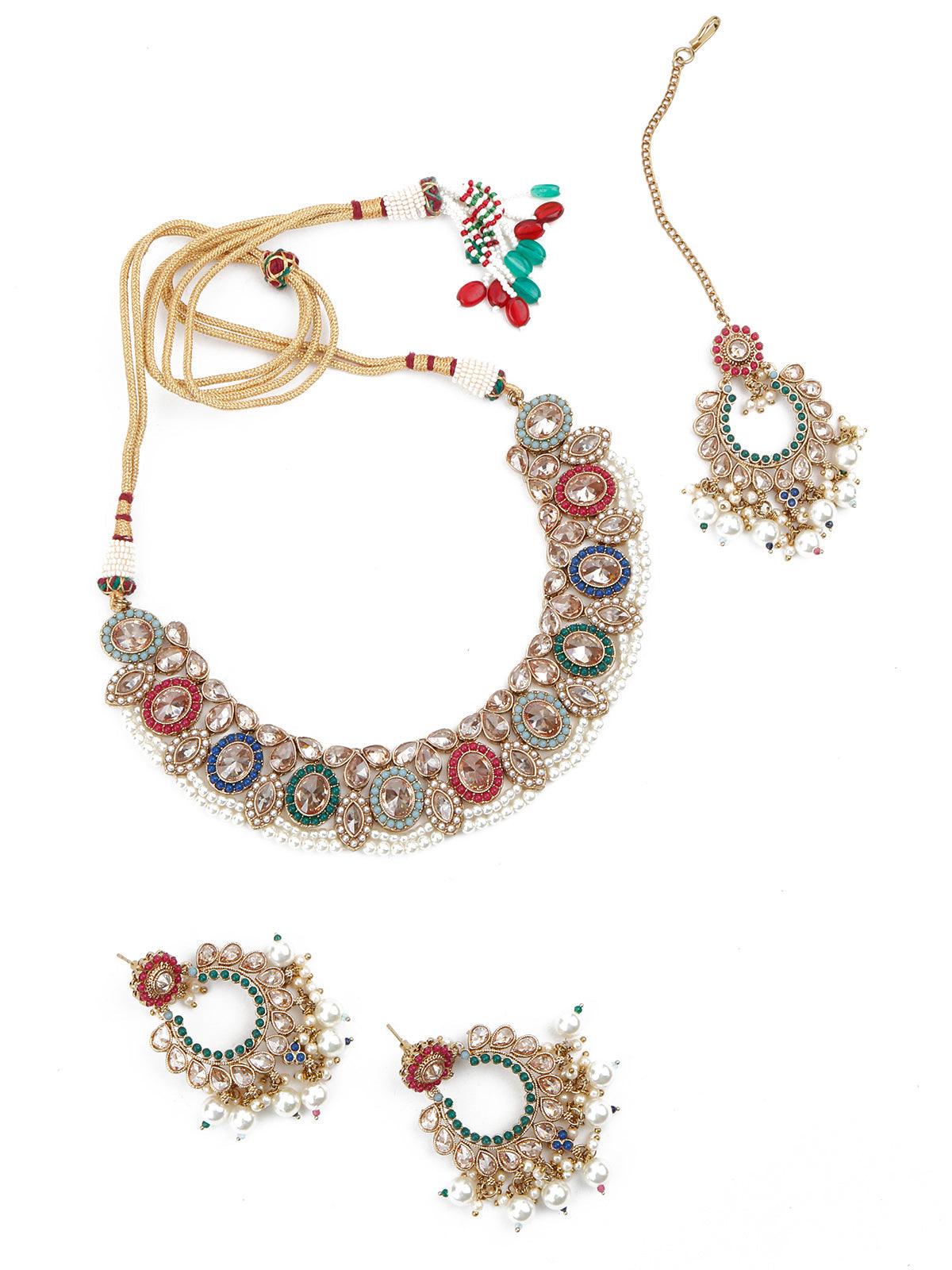 Multicolor Traditional Rhine Stone Necklace Set - Rajwada