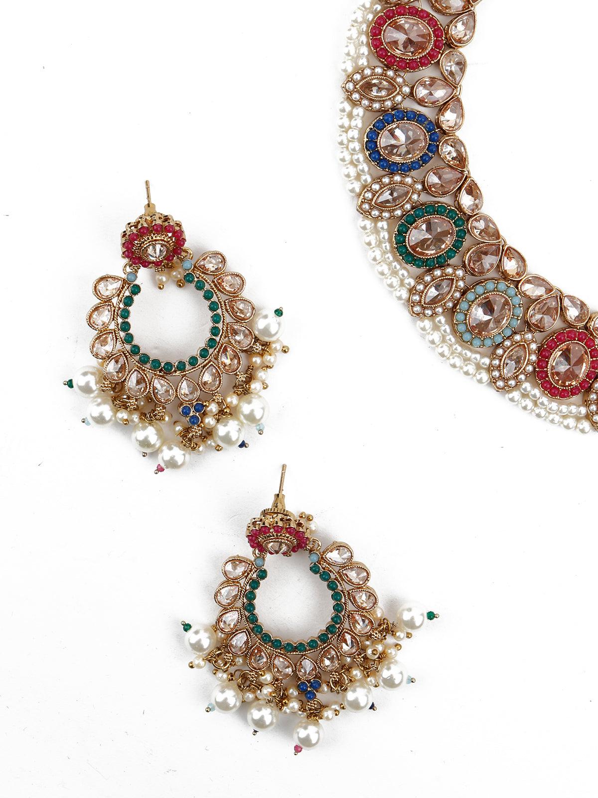 Multicolor Traditional Rhine Stone Necklace Set - Rajwada