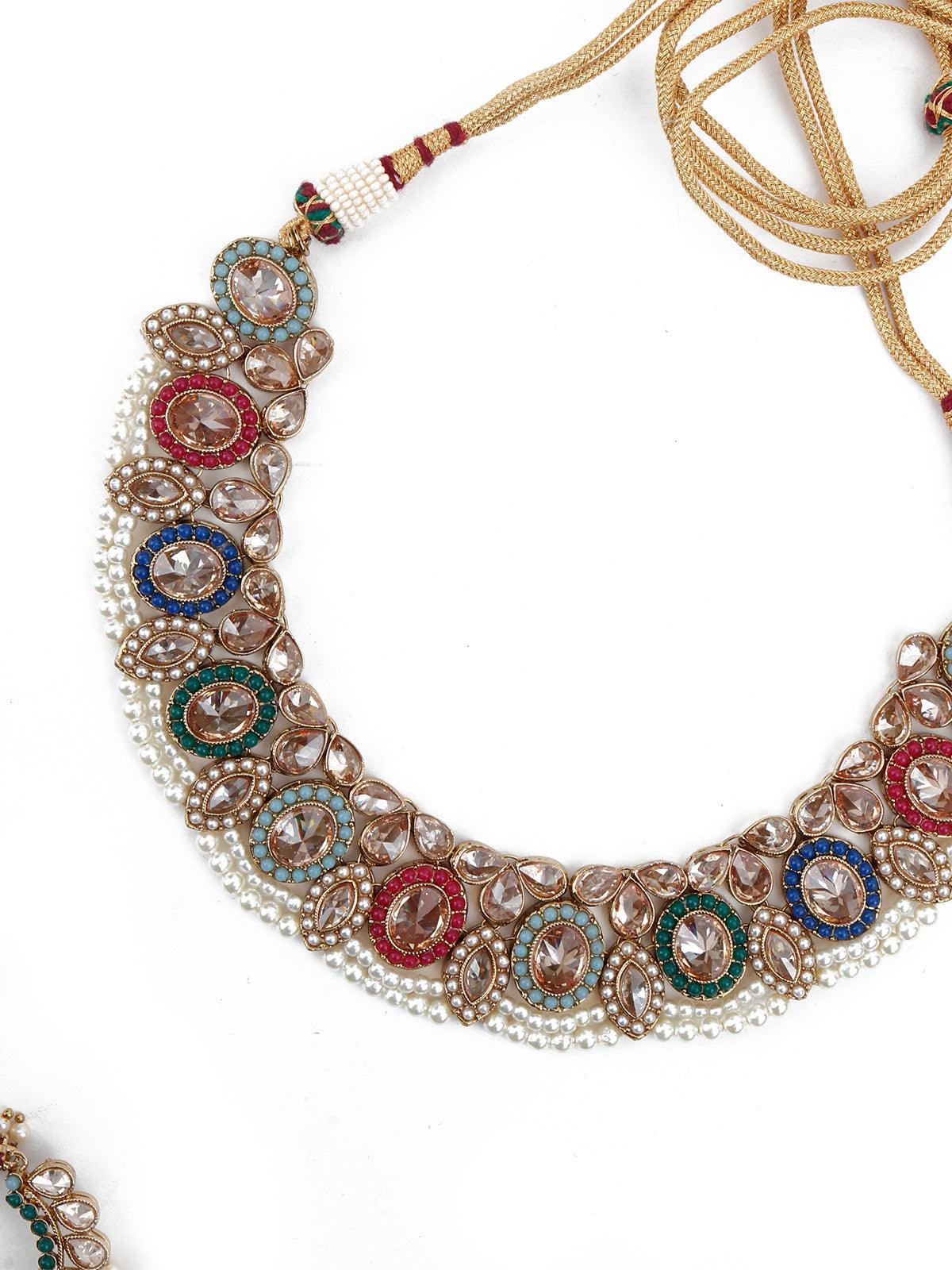 Multicolor Traditional Rhine Stone Necklace Set - Rajwada