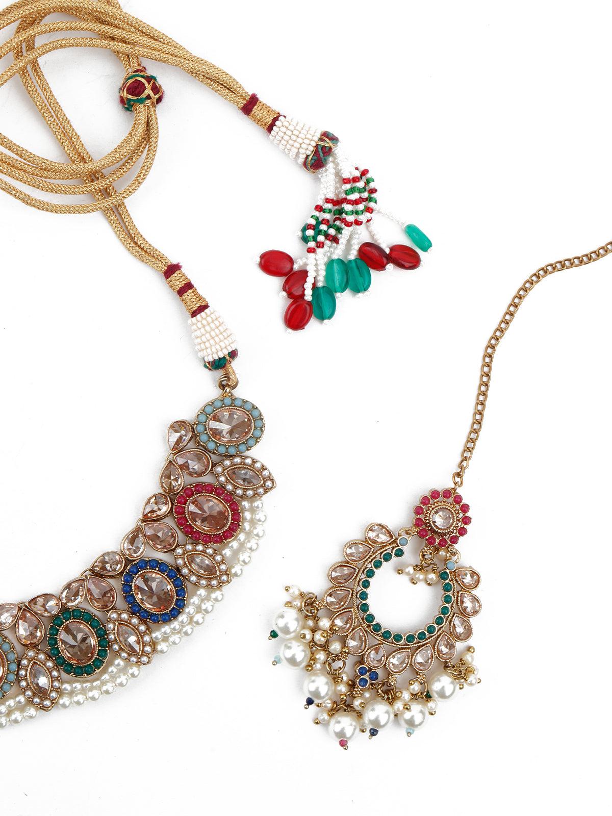 Multicolor Traditional Rhine Stone Necklace Set - Rajwada