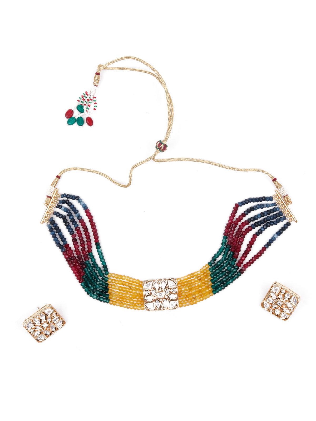 Multicoloured multilayered beaded choker necklace set - Rajwada