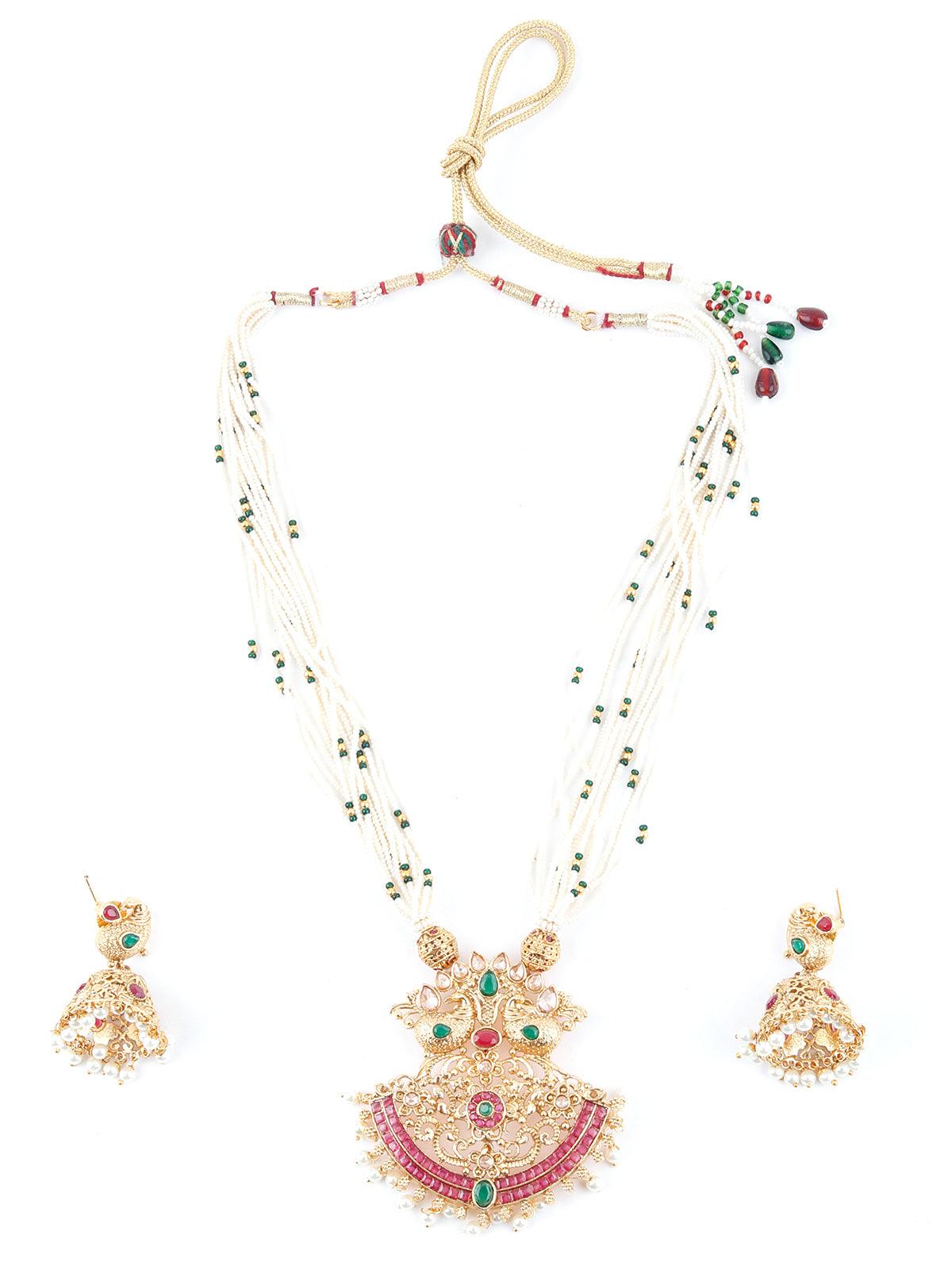 Multilayered White Temple Style Necklace Set - Rajwada
