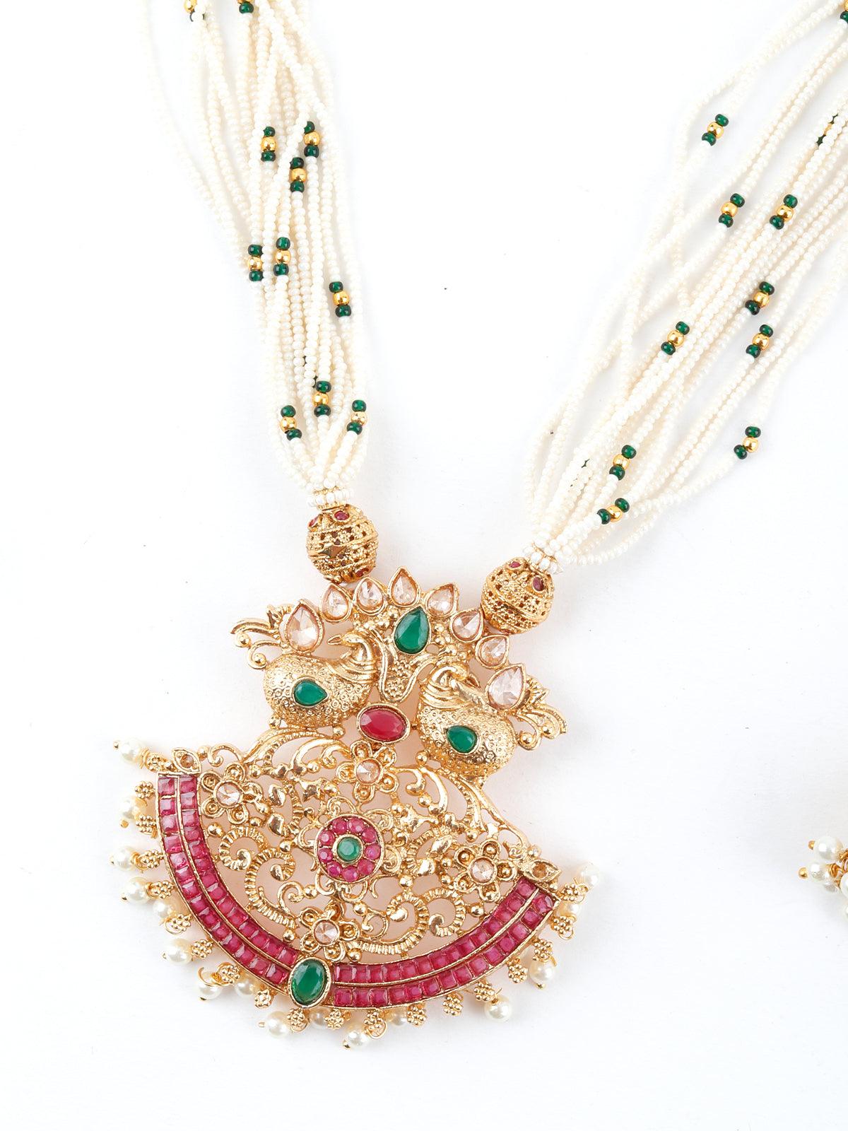 Multilayered White Temple Style Necklace Set - Rajwada