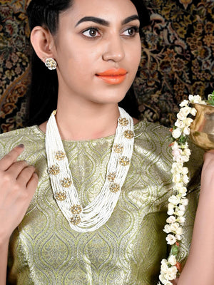 Multistring Gorgeous White Pearl-Kundan Necklace Set - Rajwada