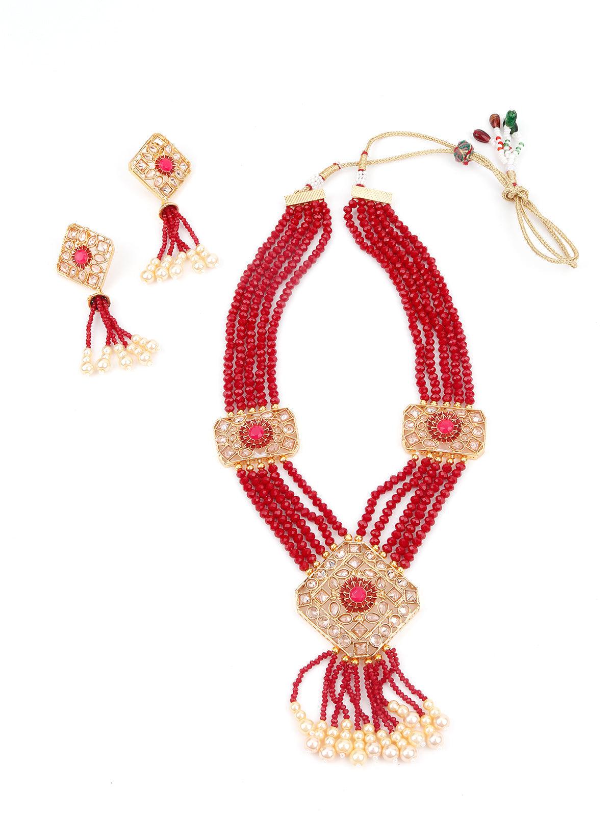 Multistring Red Mani Necklace Set - Rajwada
