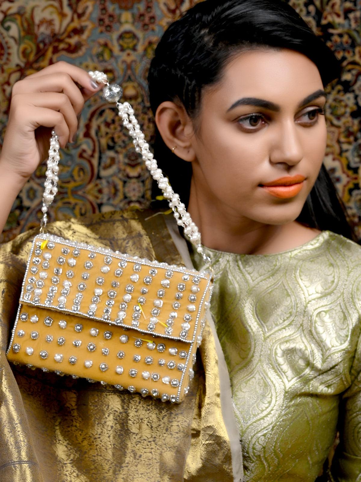 Mustard Yellow Embellished Box Clutch - Odette